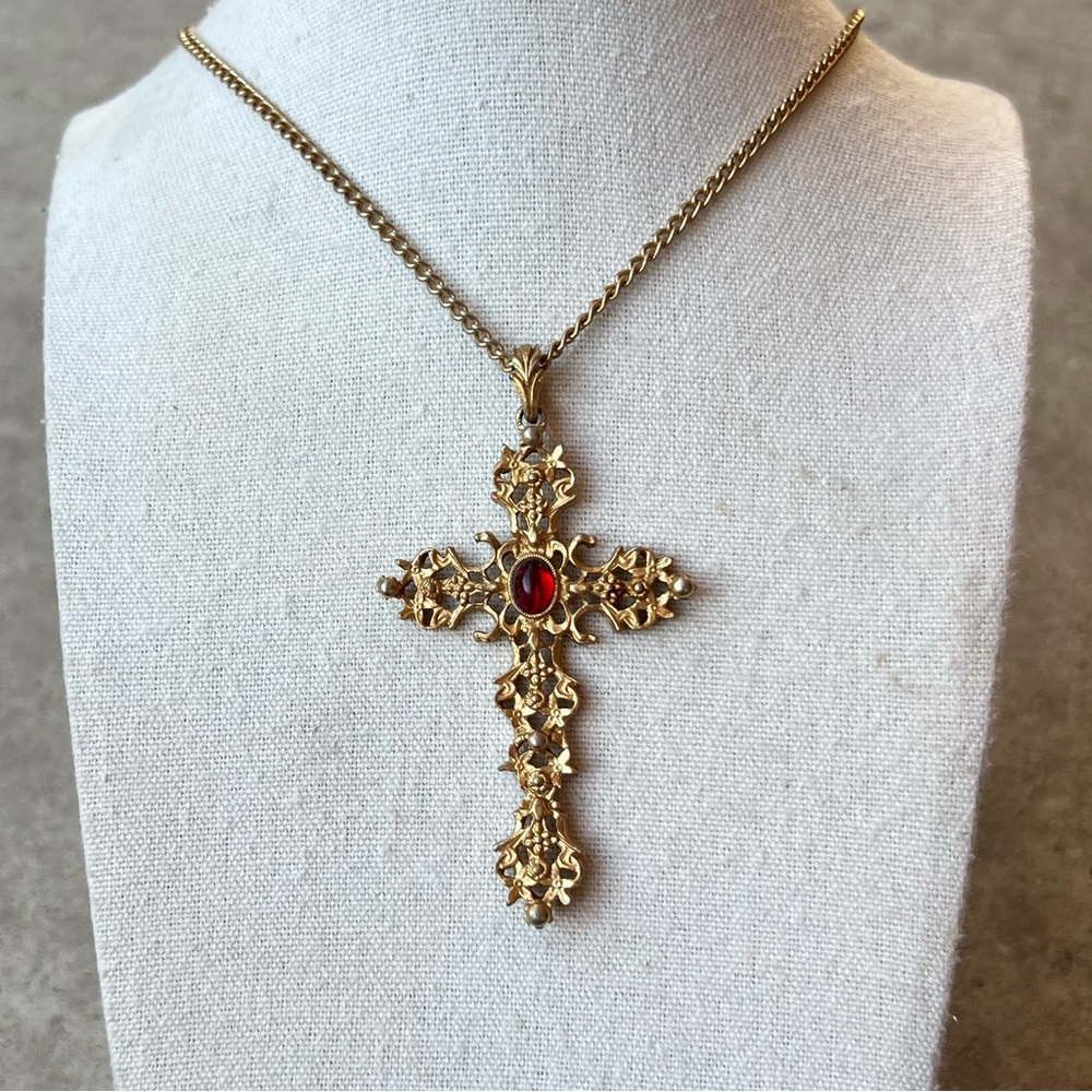 Vintage Ornate Cross Pendant Necklace Avon, Red Cabochon Synthetic Ruby 15”